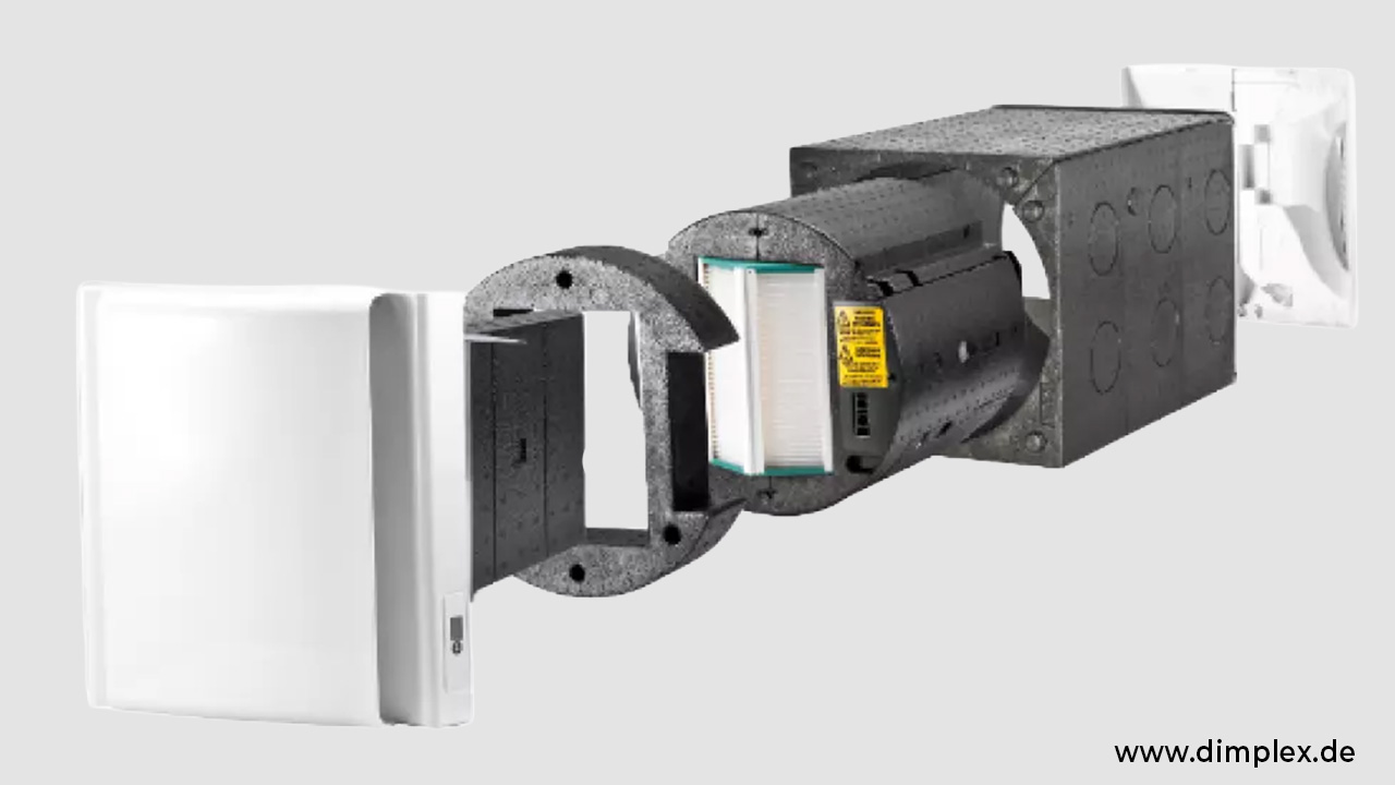 Querschnitt des dezentralen Lüftungsgeräts der Dimplex DL50 Serie mit Wärmerückgewinnung